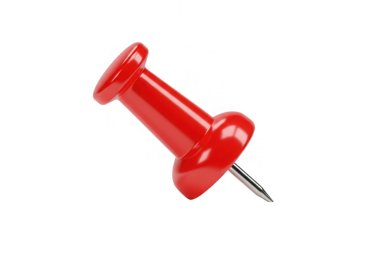 A single red pushpin with a metal needle, isolated on transparent background