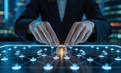businesswoman activating a network hub