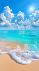 A vibrant and idyllic beach landscape: the crystal-clear turquoise waters of the sea gently lap against a shore of fine, pale sand, sky is puffy white clouds,tropical sun, Thailand. 