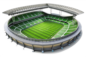 Green tiered seating stadium with striped grass field and transparent roof structure isolated on a transparent background