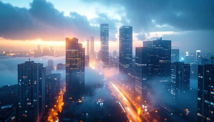 Futuristic Skyline with Fog and Rain at Dawn in Soft Light