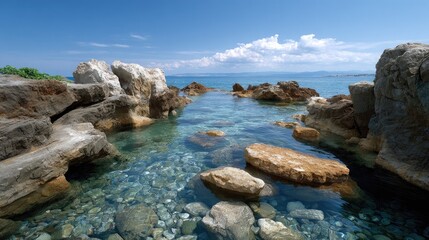 Fototapeta premium Turquoise waters reflect sunlight, while mountains frame a tranquil beach, creating an idyllic atmosphere in this Mediterranean paradise