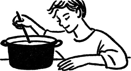 Culinary creativity: sketch of a person stirring soup in a large pot