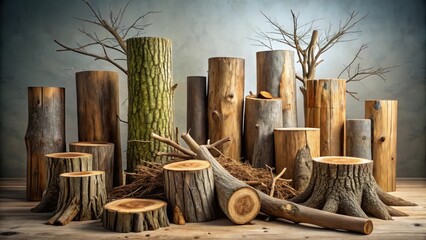 Rustic Wooden Columns and Tree Stumps Arranged Artistically on a Wooden Surface Against a Textured Background