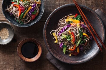 Soba Nudeln Gemüse Bowl asiatisch vegan bunt gesund kalt vegetarisch Asia Salat Sesam Dressing japanisch Lunch Sommergericht Low Carb Nudelgericht Clean Eating Meal Prep farbenfroh