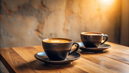 Two steaming cups of coffee on a wooden table, bathed in warm sunlight, creating a cozy and inviting atmosphere for a relaxing moment.