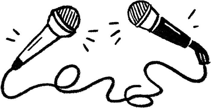 Hand-drawn podcast recording scene with microphones for creative design