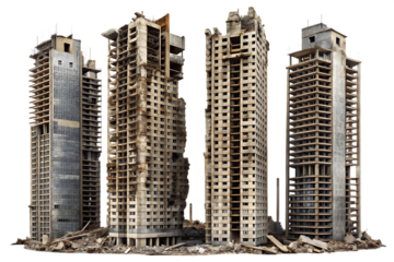 Group of unfinished and ruined concrete skyscrapers with debris at the base isolated on a transparent background