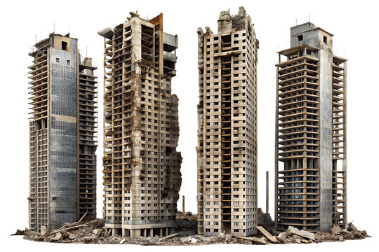 Group of unfinished and ruined concrete skyscrapers with debris at the base isolated on a transparent background