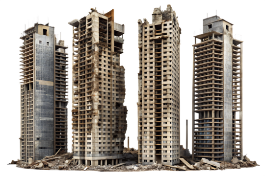 Group of unfinished and ruined concrete skyscrapers with debris at the base isolated on a transparent background