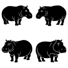 Four hippopotamuses in black silhouette standing in different positions on a white background design art