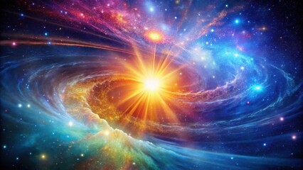 Naklejka premium Radiant Celestial Burst A swirling nebula of vibrant cosmic dust and glowing stars, illuminated by a brilliant, intensely radiant star at its core.