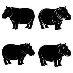 Four hippopotamuses in black silhouette standing in different poses on a white background image art