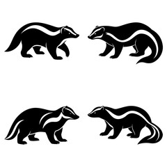 Four black and white badger silhouettes in various poses on a white background illustration art