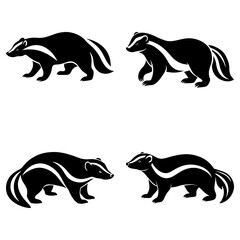 Obraz premium Four black and white badger illustrations in different poses on a white background design view