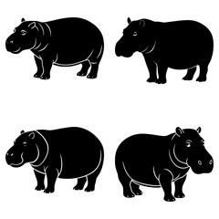 Four hippopotamuses in black silhouette standing isolated on a white background in a grid arrangement