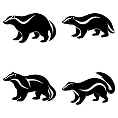 Four black and white badger illustrations in various poses on a white background in vector format