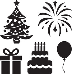 Festive vector illustration featuring christmas tree gift fireworks cake and balloon elements
