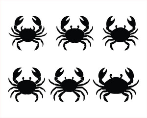 Six simple, black silhouette images of crabs against a plain white background.