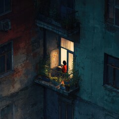 A woman stares out the window from an isolated corner of her cozy apartment. 