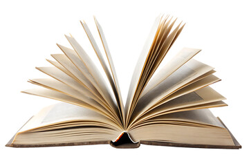 Open antique book with aged pages fanned out on a black background isolated on a transparent background