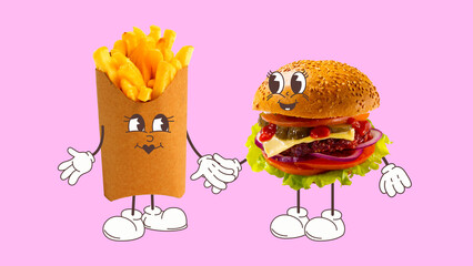 Cartoon burger and fries are holding hands with happy expressions against a pink background. Concept of fast food love and friendship. Food friends as cafe wall decor