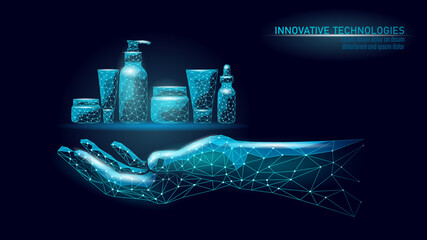 Cosmetics products concept in human hand. Skincare beauty items held with modern digital look. Beauty spa healthcare hygiene. Dark backdrop low poly polygonal vector style