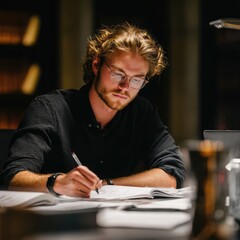 A young professional studies with focus, driven by motivation to succeed. 