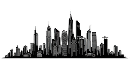 White Illuminated City Skyline Silhouette Against Black Background Modern Urban Architecture Isolated Transparent Background