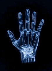 Naklejka premium A detailed X-ray image of a human hand showcasing bone structure and joints for medical or educational purposes.