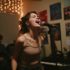 "A young woman sings passionately into a microphone in a cozy studio. 