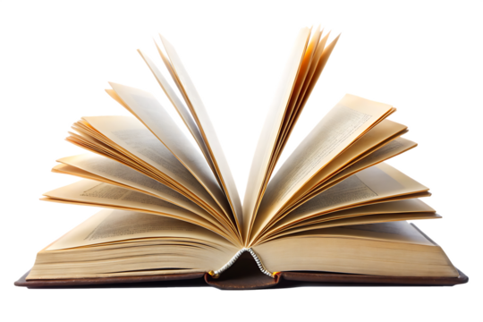 Open antique book with yellowed pages fanned out on a black background isolated on a transparent background 1