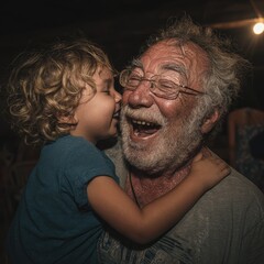 An elderly man face glows with joy as he hugs his grandchild.