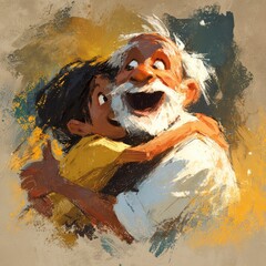 An elderly man face glows with joy as he hugs his grandchild. 