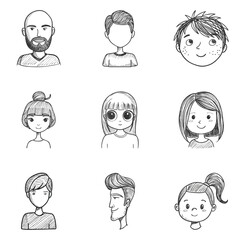 Cartoon faces of men and women looking at camera, pencil sketch avatars with diverse hairstyles and expressions. Playful hand-drawn characters. Concept identity, communication, app design