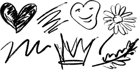 Playful hand drawn heart and daisy flower with scribbles for creative design