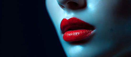 Obraz premium Close-up of striking red lips illuminated by dramatic lighting, highlighting beauty and confidence in a captivating manner.