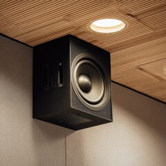 Close-up of a loudspeaker mounted on a wall in a modern auditorium.