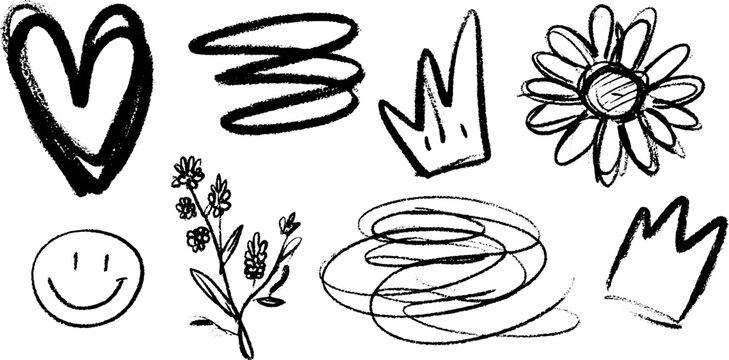 Whimsical sketch of scribble heart and daisy flower for creative design