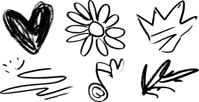 Scribble heart and daisy flower collage with musical note and abstract shapes