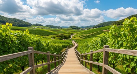 Scenic Vineyard Pathway Rolling Hills, Lush Vines, and a Wooden Walkway