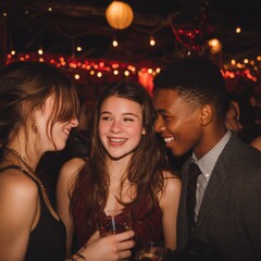 Friends share a moment of joy during a festive party.