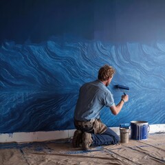 Indigo paint is applied to a feature wall in a modern home interior
