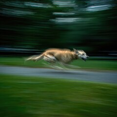 Motion blur captures the fast movement of a running dog in a park