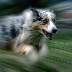 Motion blur captures the fast movement of a running dog in a park