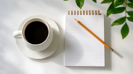 Minimalist workspace on a clean white desk with an open notebook, pencil, and coffee cup, representing focus, creativity, productivity, and simplicity in a modern home office setting.