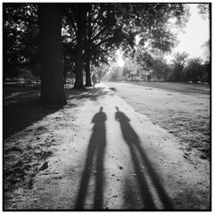 Shadows are shortest as the clock strikes noon in a park