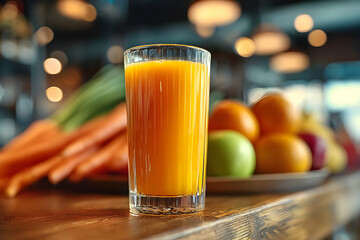 A refreshing glass of orange juice sits on a wooden table, surrounded by fresh fruits and vegetables, perfect for a healthy lifestyle.
