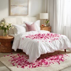 "Soft rose petals are scattered across a white bedspread in a romantic bedroom. 