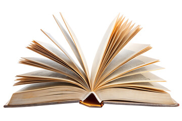 Open book with cream colored pages fanned out on a black background isolated on a transparent background